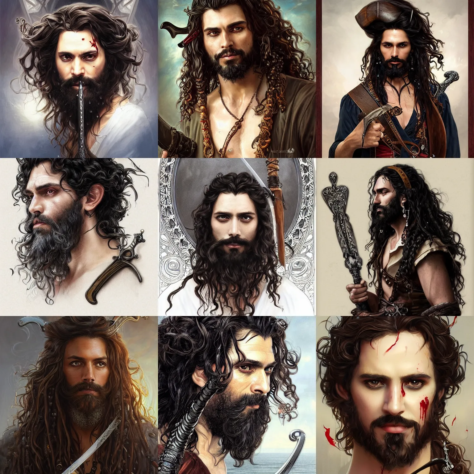 Prompt: Portrait of a beautiful male pirate with long curly dark hair and long curly beard, holding a sword with drops of blood, detailed, symmetrical, intricate, elegant, highly detailed, digital painting, artstation, concept art, smooth, sharp focus, illustration, art by artgerm and greg rutkowski and alphonse mucha, daily deviation, IAMAG, masterpiece portrait