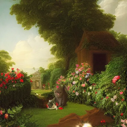 Prompt: a painting of a lush hedge garden filled with beautiful flowers and a cat gardener tending to some flowers by thomas cole