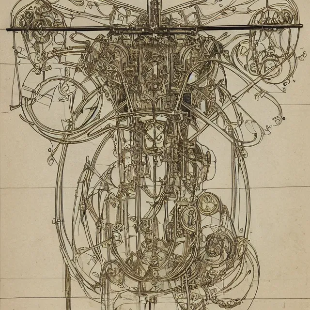 Image similar to beautiful, symmetric, art nouveau, detailed, intricate technical drawings on parchment from 1 8 4 0 with extensive written labels and covered in scribbled pencil notes in open space, for a mechanical art creation drawing robot, by ron cobb and alphonse mucha