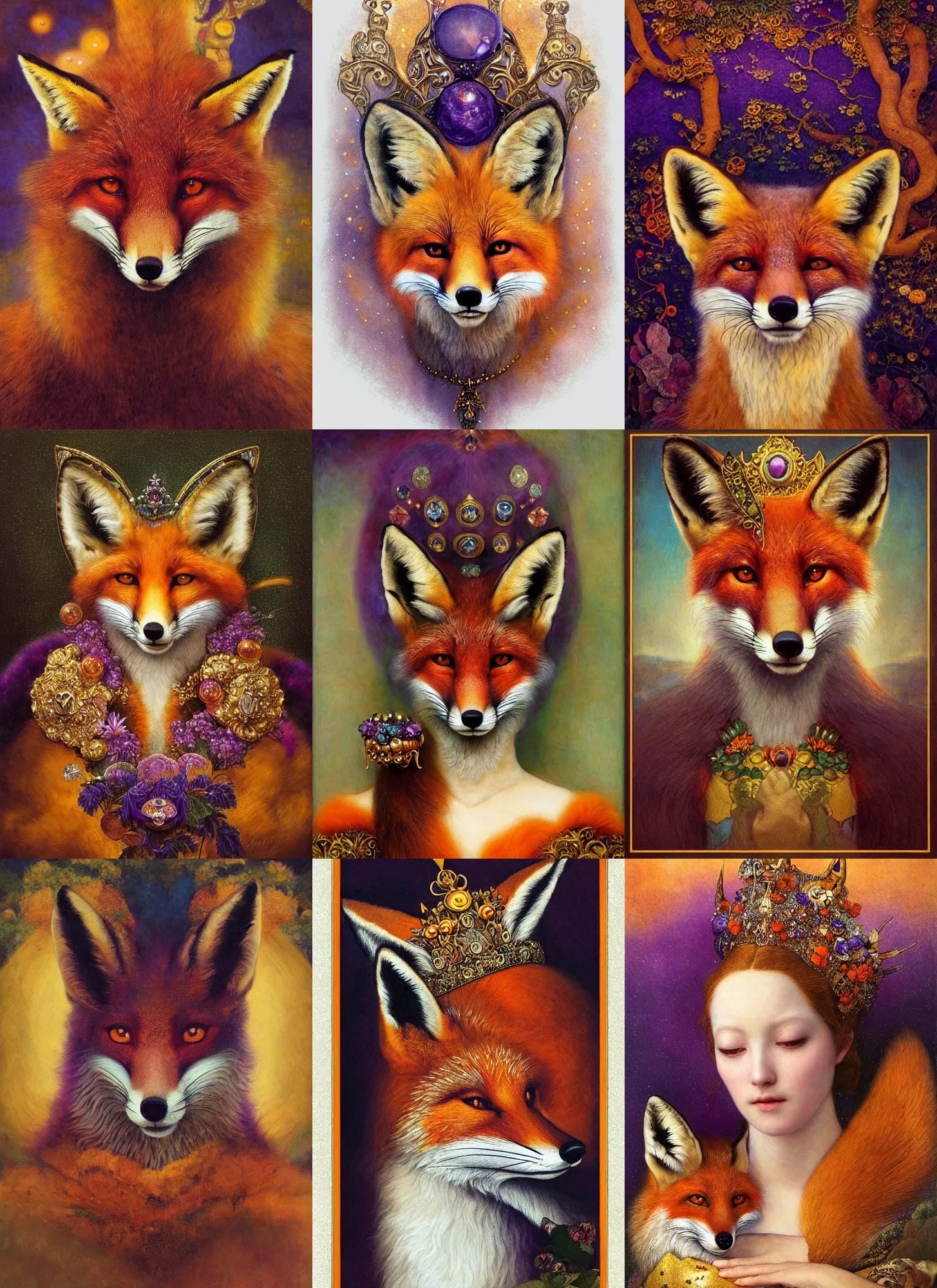 Prompt: “ a majestic portrait of a fox wearing a gemstone crown, titian, tom bagshaw, yanjun chengt, maxfield parrish, gustav klimt, highly detailed, intricate ornamental flourishes, orange purple and gold ”