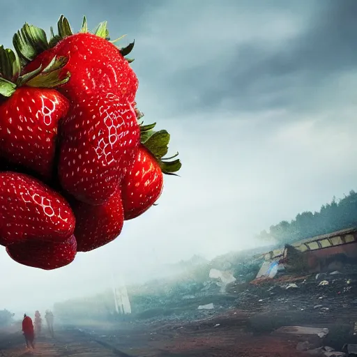 Image similar to huge strawberries fall to earth, apocalypse, 4 k, 8 k, trending on artstation