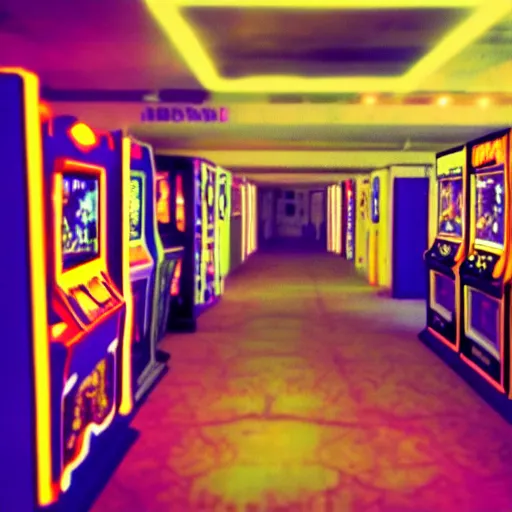 Prompt: beautiful fuzzy phonecamera photograph of an empty liminal 9 0 s arcade