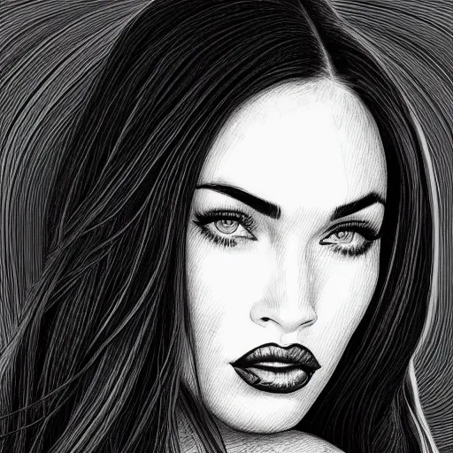 Image similar to “Megan Fox, portrait!!! Portrait based on doodles, scribbled lines, sketch by Liz Y Ahmet, monochrome, concept Art, million lines, white background, ultra detailed portrait, 4k resolution”