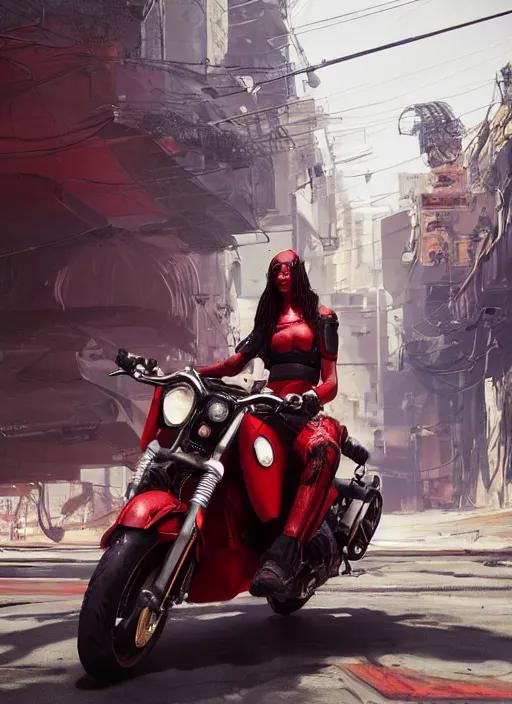 Image similar to a woman riding on the back of a red motorcycle, cyberpunk art by eddie mendoza, cgsociety contest winner, afrofuturism, rendered in unreal engine, unreal engine 5, unreal engine