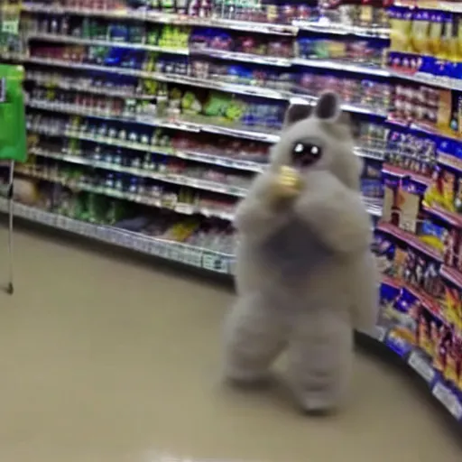 Prompt: cctv footage of furry in fursuit robbing the supermarket