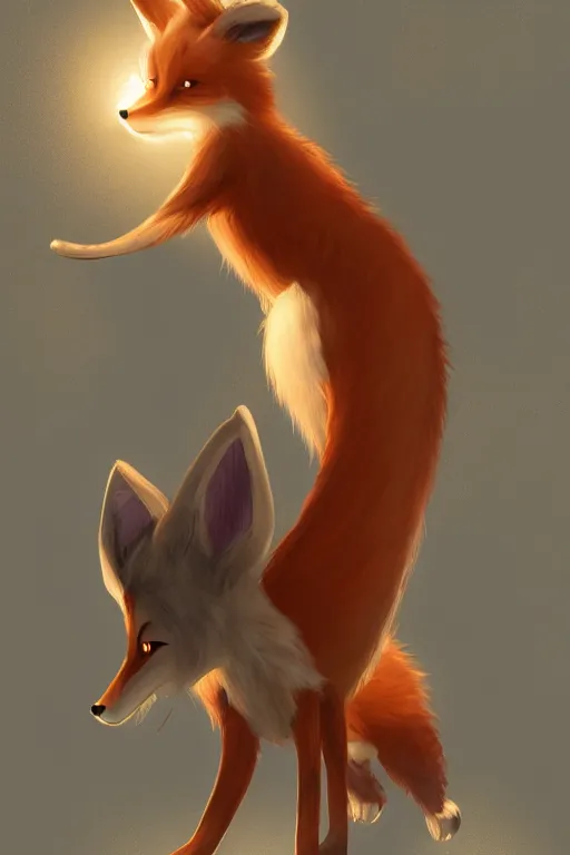 Image similar to an anthropomorphic fox fursona with a fluffy tail, backlighting, digital art, furry art, trending on furaffinity, fantasy art, by kawacy