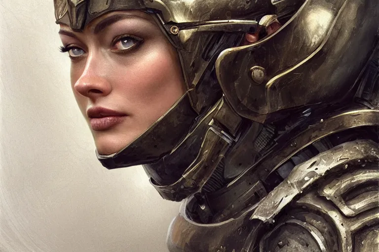 Image similar to a head and shoulders portrait of Olivia Wilde, clothed in battle armor, olive skin, long dark hair, beautiful bone structure, symmetrical facial features, intricate, finely detailed, elegant, digital painting, trending on Artstation, concept art, smooth, sharp focus, illustration, from Metal Gear by Ruan Jia and Mandy Jurgens and Artgerm and and william-adolphe bouguerea, award winning