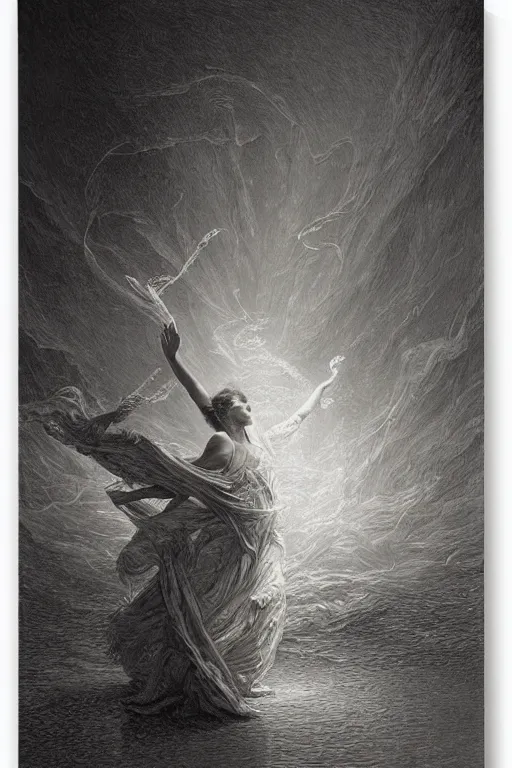 Prompt: dancer in the wind by gustave dore and greg rutkowski, light cone, reimagined by industrial light and magic