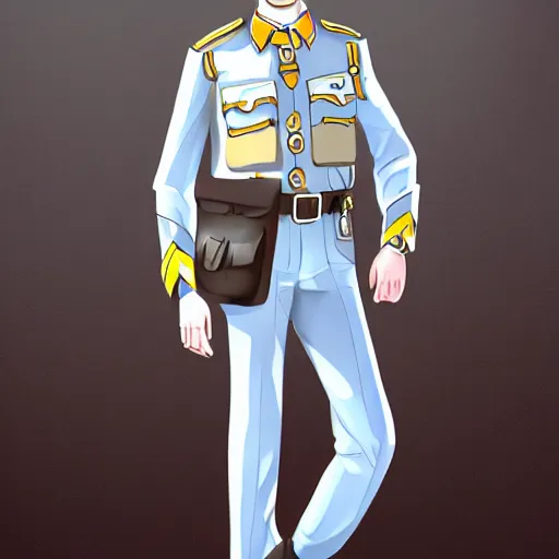 Image similar to pale skin security officers beige uniform - - - blue pants trending on artstation high detail digital painting