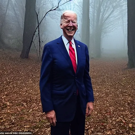 Image similar to joe biden with 4 arms standing ominously far in the foggy woods with a demonic wide smile in his face in the new horror movie, creepy