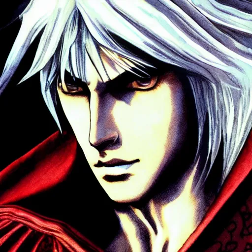 Image similar to Dante from Devil May Cry in Castlevania Symphony of the Night, highly detailed, illustration