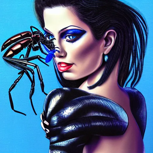 Image similar to woman holding bionic blue black scorpion, 1 9 8 0's art, retro art, airbrush style, intricate, elegant, sharp focus, illustration, highly detailed, concept art, matte, sharp focus, illustration, highly detailed, h 8 0 0 c 1 0. 0