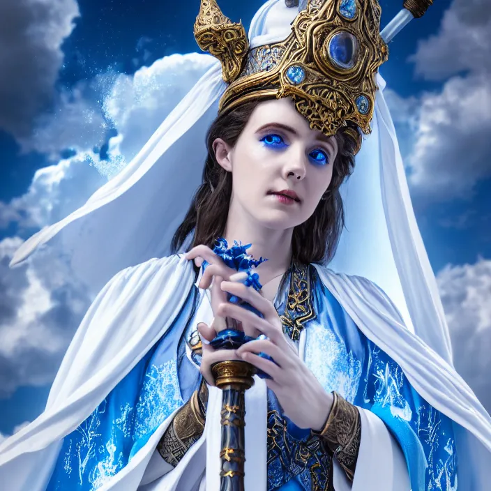 Image similar to photograph of a real-life beautiful sky witch with ornate white and blue robes and staff. Extremely detailed. 8k