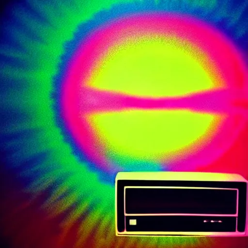 Prompt: Retro VHS grainy 80s film aesthetic, CRT old TV with an explosion of psychedelic rainbow paint 🎨📺, grainy broadcast of rainbow paint explosion