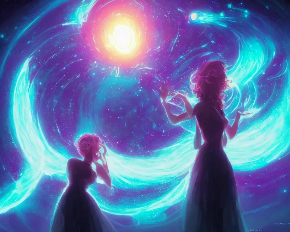 Prompt: a beautiful whimsical woman standing under a multi-colored binary blackhole with an accretion disc, casting magic, glowing trails following her arms, acidwave, hall of mirrors, interstellar galaxy, by Lois van Baarle, by Greg Rutkowski, by artgerm, by beeple, by studio ghibli, cinematic angle, volumetric lighting, 4k resolution, octane render, trending on artstation, masterpiece