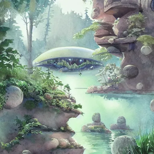 Image similar to beautiful happy picturesque charming sci - fi organic pod - like homes of the future in a beautiful natural scene. water, trees and rocks. beautiful light. soft colour scheme. beautiful artistic detailed watercolor by lurid. ( 2 0 2 2 )