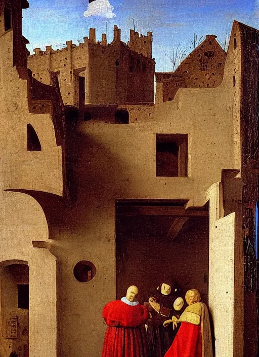 Prompt: medieval forge, medieval painting by Jan van Eyck, Johannes Vermeer, Florence