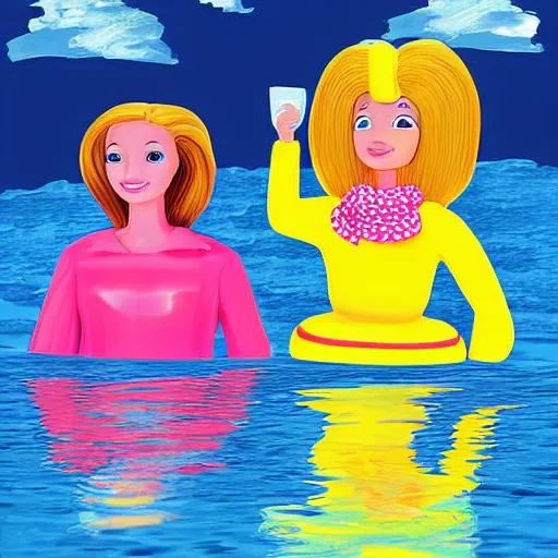 Prompt: ken and barbie having cake by the ocean on a yellow submarine - digital art