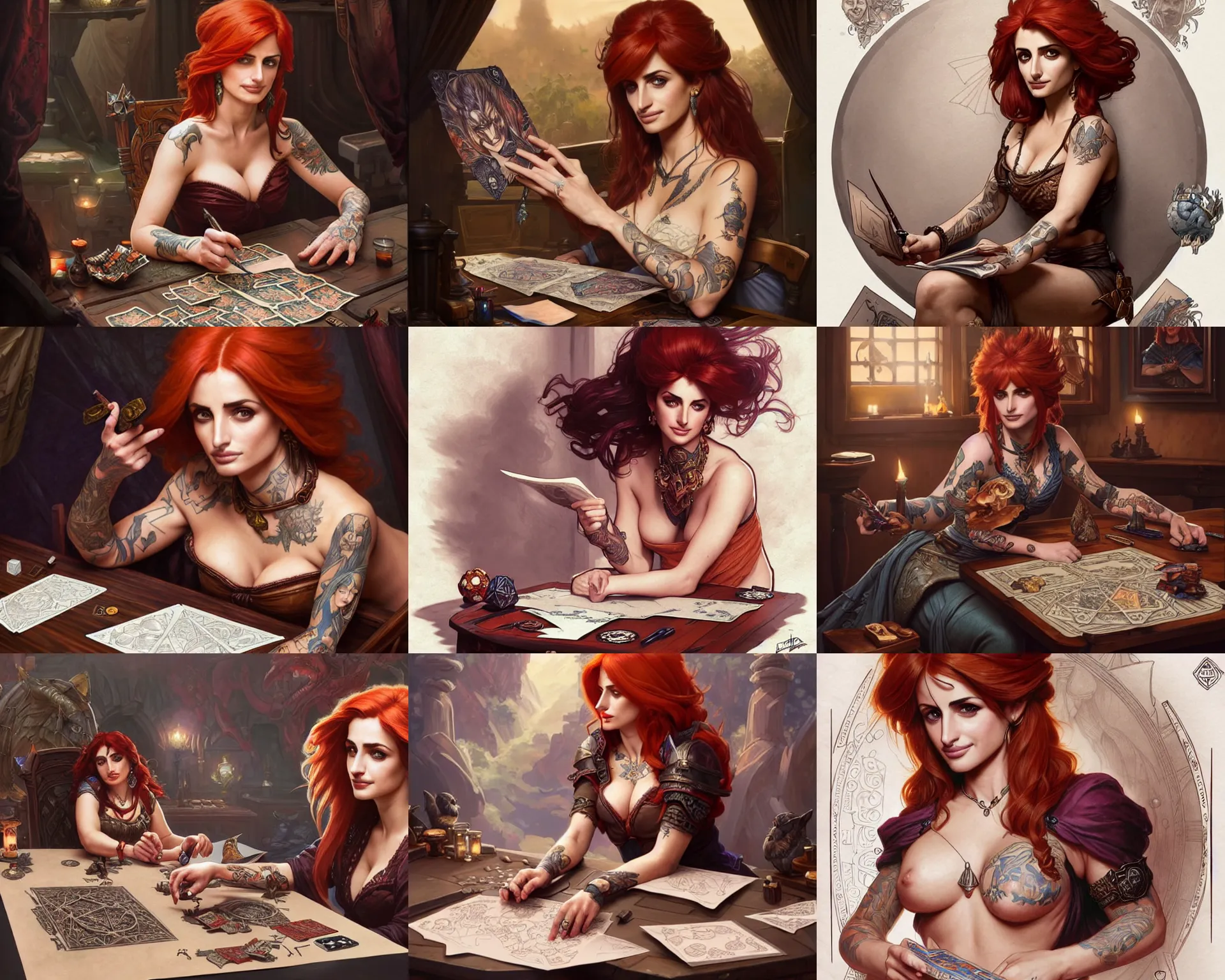 Prompt: redheaded tattooed penelope cruz sitting at table playing dnd, character sheet, deep focus, d & d, fantasy, intricate, elegant, highly detailed, digital painting, artstation, concept art, matte, sharp focus, illustration, hearthstone, art by artgerm and greg rutkowski and alphonse mucha.