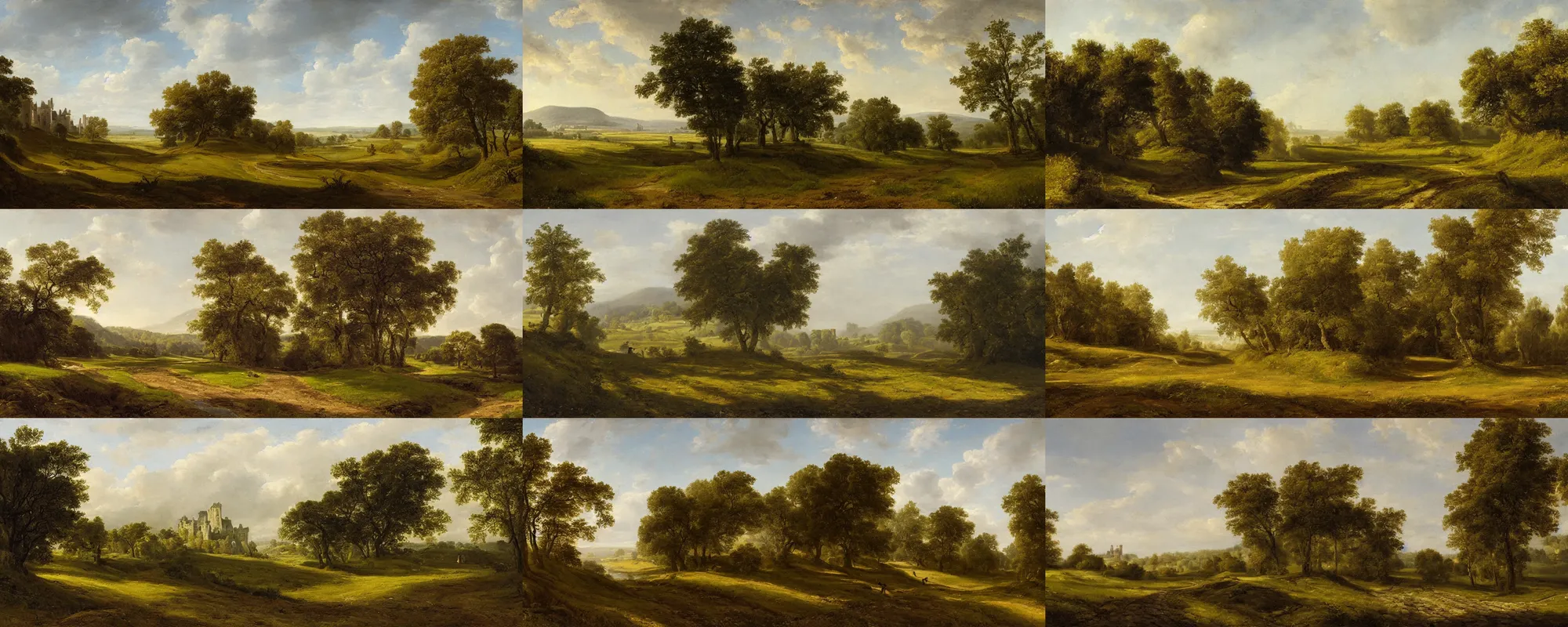 Prompt: a painting by barend cornelis koekkoek of an open grassy field with a worn cobble road leading to a large castle surrounded by a moat. the area is surrounded by highly detailed great oak forested hills. rays of morning sunlight cast light onto the castle and half of the grassy field, with a thin layer of fog on the ground