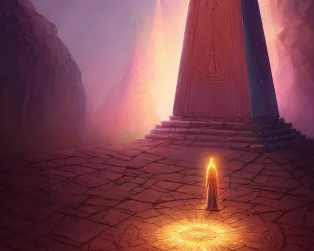 Prompt: priestess of light standing a glowing obelisk etched with burning inscriptions, fantasy art by marc simonetti, artgerm, artstation, celestial mountain grove, moonlight, sylvain sarrailh