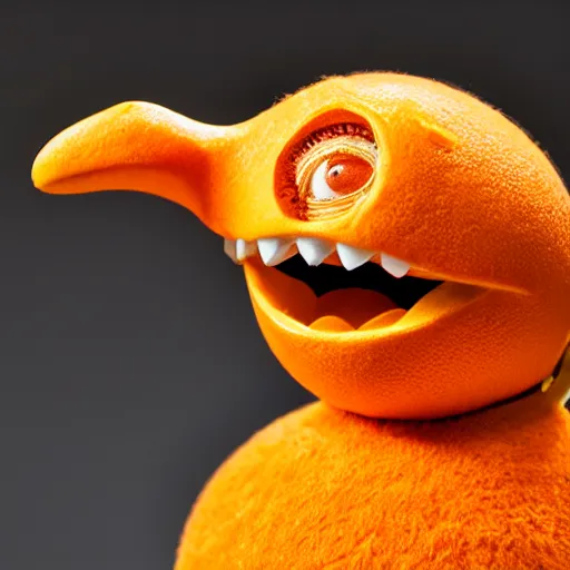 Prompt: a taxidermized annoying orange, in a museum, 8 5 mm lens, 7 0 mm entrance pupil diameter