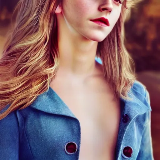 Image similar to a very beautiful mature emma watson, full body, long wavy blond hair, sky blue eyes, full round face, bikini, miniskirt, front view, mid - shot, cute pose, highly detailed, cinematic wallpaper by stanley artgerm lau