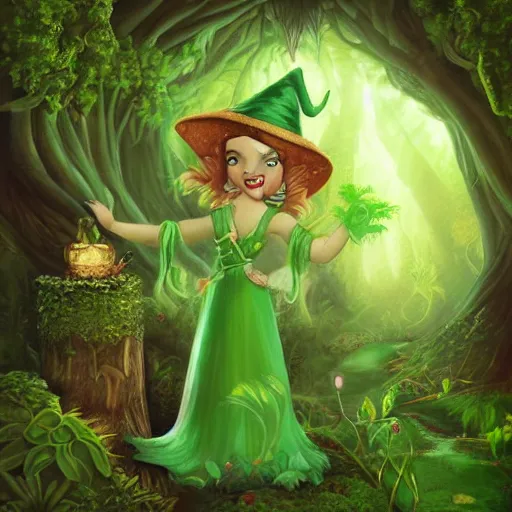 Image similar to a green genie ready to grant your wish deep in the forest, fantasy illustration