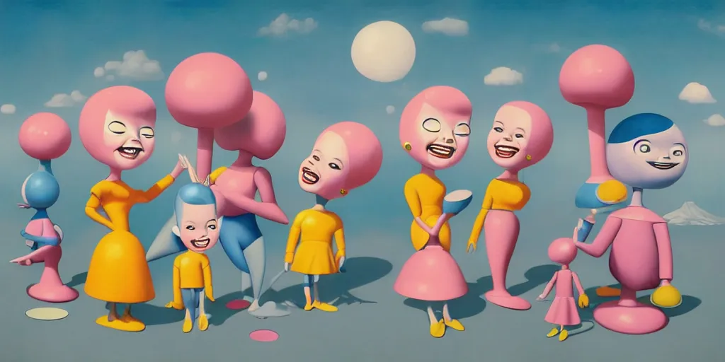 Prompt: Smooth Colorful Digital Painting by Mark Ryden in a 1950s atom-age Jetsons cartoon playground, a group of 3D retro smiling dancing plastic children and robots, symmetrical faces; Photorealistic Wide-Shot OctaneRender, ambient occlusion, subsurface scatter, radiosity, trending on Artstation H 768