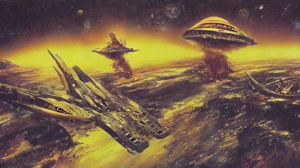 Image similar to spaceship design by paul lehr and jack gaughan and john schoenherr, epic cinematic matte painting