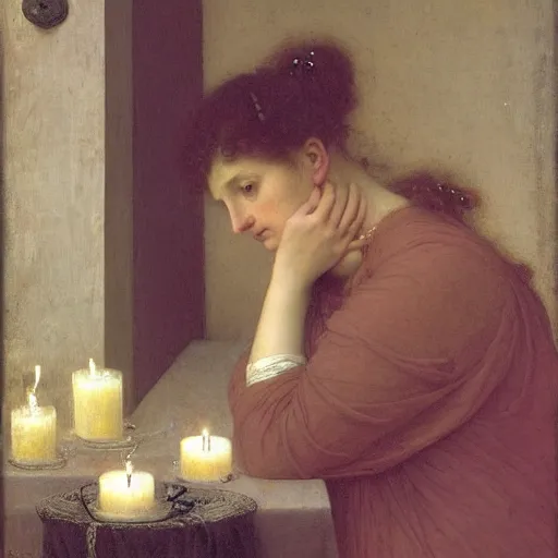 Image similar to a renaissance oil painting portrait by alma tadema of a mourning widow crying in sorrow in a dark room surrounded by candles, colourful pastel, detailed academic bouguereau, sharp focus