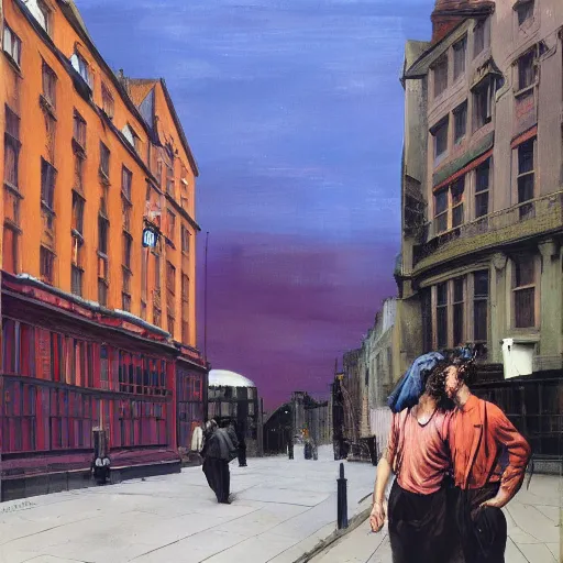 Image similar to high quality high detail painting of two men talking in the city streets of london by lucian freud and edward hopper and jenny saville and francis bacon and norman rockwell and malcom liepke and nicola samori, hd, turquoise and purple and orange and pink, dark atmosphere