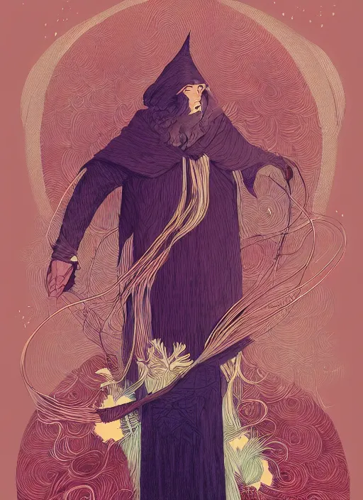 Prompt: beautiful illustration of a wizard with a robe made of ribbons, in the style victo ngai and sam guay and abigail larson and gris, vibrant moody colors, trending on artstation