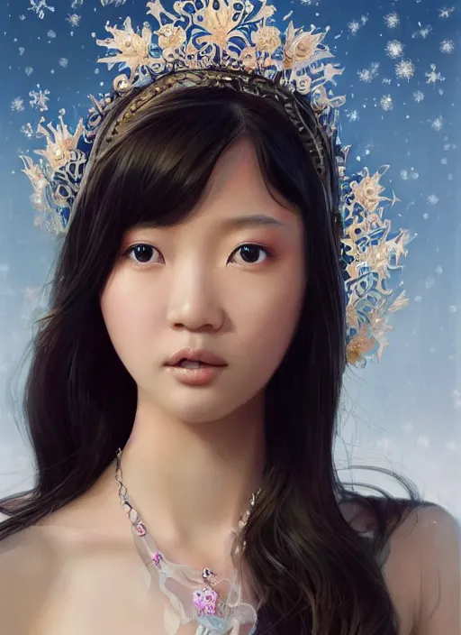 Image similar to a beautiful young charming princess asian goddess with sundress & jewelry & shinny eyes & winter, symmetric, realistic shaded, unpleasant face, good looking, fine details, dior, lv, realistic shaded lighting poster by greg rutkowski, macoto takahashi, magali villeneuve, artgerm, jeremy lipkin and michael garmash