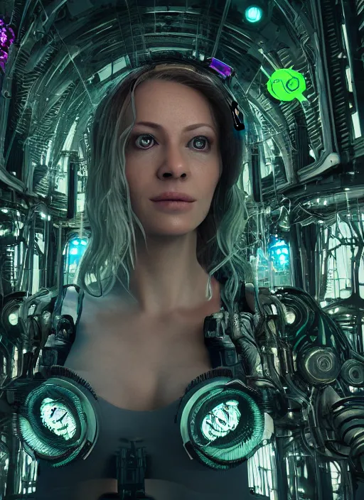 Image similar to 35mm portrait of 7 of 9 borg on the background of a weird magical mechanical forest. Round gears visible inside her hear. Very detailed 8k. Fantasy cyberpunk horror. Sharp. Unreal 5 render with nanite, global illumination and path tracing. Cinematic post-processing