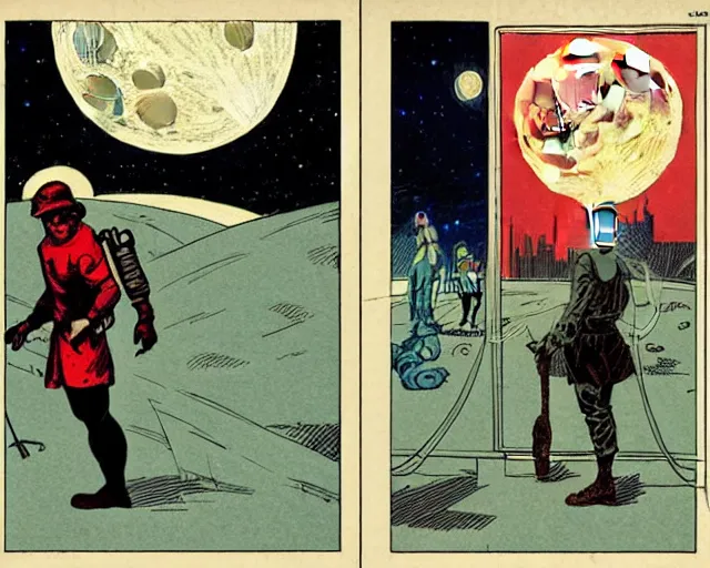 Image similar to two panels from a 1 9 3 0's comic book showing a cellphone, in front of a big moon, illustration, wide shot, muted colors, post grunge, concept art by josan gonzales and wlop, david rubin, mike mignola, laurie greasley, highly detailed, sharp focus, trending on artstation, hq, deviantart, art by artgem