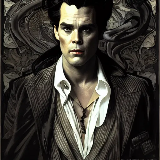 Image similar to full portrait of ace ventura as a noir detective, fantasy, d & d, intricate, detailed, by by alphonse mucha, adolfo hohenstein, alice russell glenny, stanley artgerm lau, greg rutkowski, detailed, trending on artstation, trending on artstation, smooth