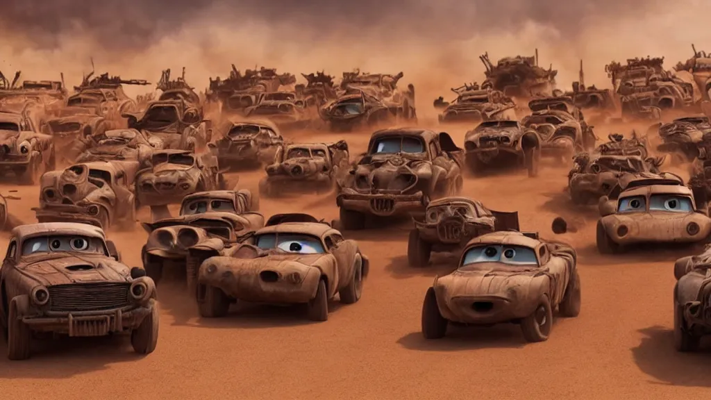 Prompt: pixar cars in mad max fury road, cartoon eyes, explosions, war boys, imax