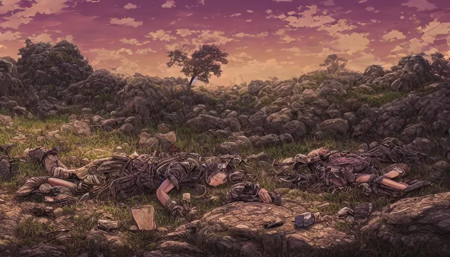 Prompt: the beautiful, dreamy, wistful, panoramic view of dead calvary soldiers on a field and rocks at dusk. my soldiers, rage! hyperrealistic anime background illustration by kim jung ki, colorful, extremely detailed intricate linework, smooth, super sharp focus, bright colors, high contrast, matte, octopath traveler, unreal engine 5 highly rendered, global illumination, radiant light