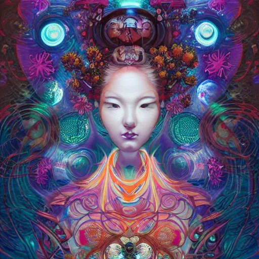 Prompt: a portrait of a geisha, surrounded by fractals, mandalas, cherry blossoms, hadron collider technology, metal gears, swirling bioluminescent energy, art by peter mohrbacher and dan mumford