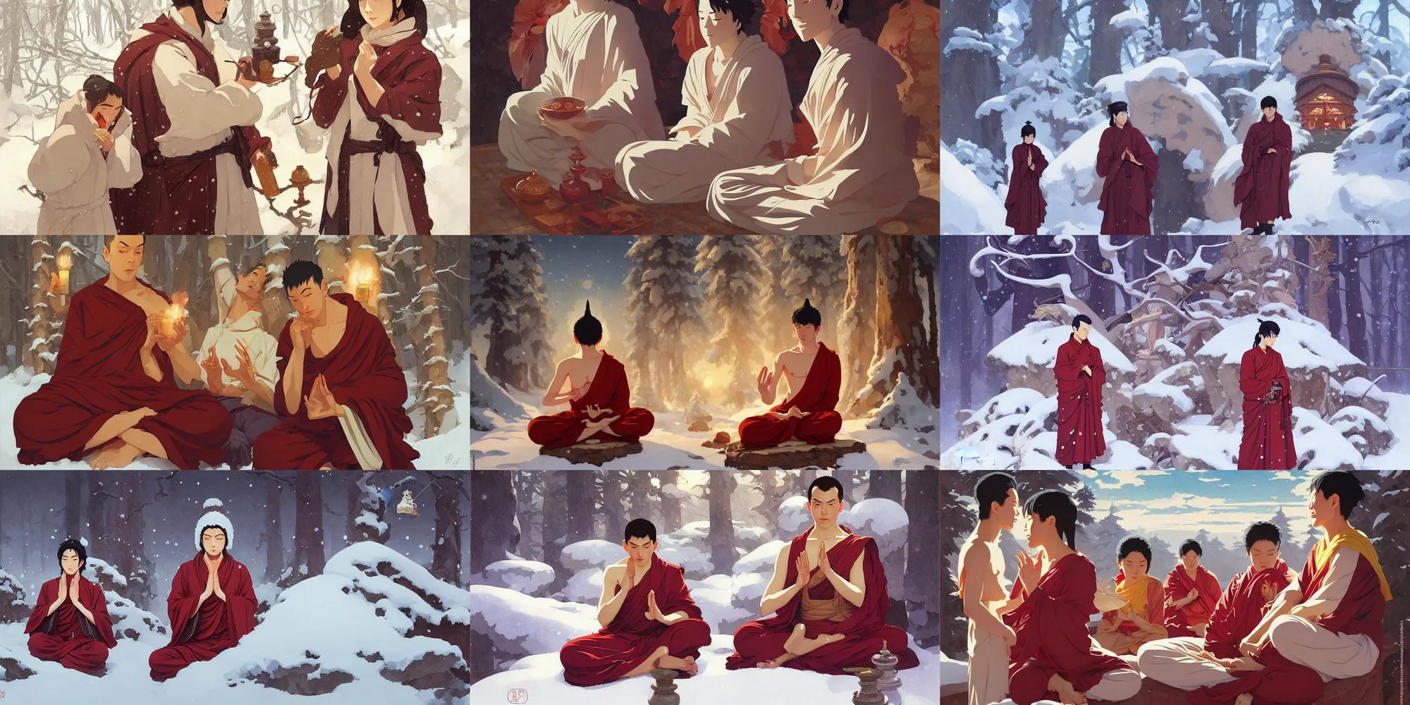 Prompt: buddhism, winter, in the style of studio ghibli, j. c. leyendecker, greg rutkowski, artem