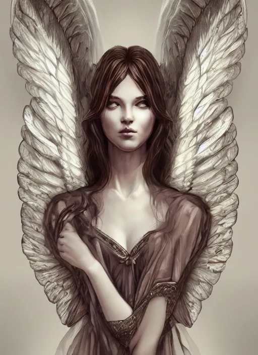 Prompt: Beautiful female angel, digital Art, trending on Artstation, dramatic lighting, face symmetry, intricate wings