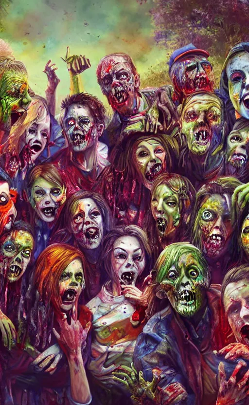 Prompt: beautiful detailed photorealistic painting of a group of friends dressed as zombies on holiday. the friends are happy and having fun. vibrant, high quality, vibrant colors, very funny, beautiful, hq. hd. 4 k. award winning. trending on artstation