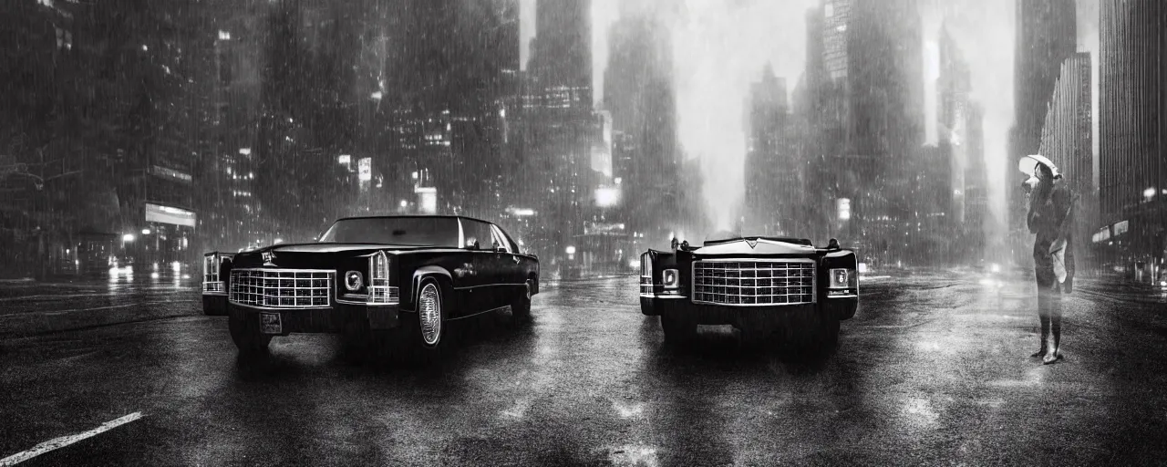 Image similar to A mysterious figure sitting in a black 1970's Cadillac DeVille with the headlights on, smoking a cigarette, parked on the side of the road in the city of New York while it is raining, by Stephen King, dark and dim, moody, sinister, cinematic lighting, 8k render, hyperrealistic