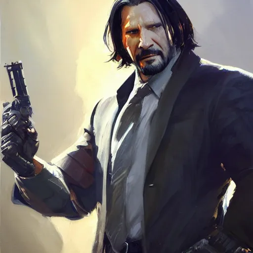 Image similar to greg manchess portrait painting of partially armored john wick as overwatch character, medium shot, asymmetrical, profile picture, organic painting, sunny day, matte painting, bold shapes, hard edges, street art, trending on artstation, by huang guangjian, gil elvgren, ruan jia, greg rutkowski, gaston bussiere