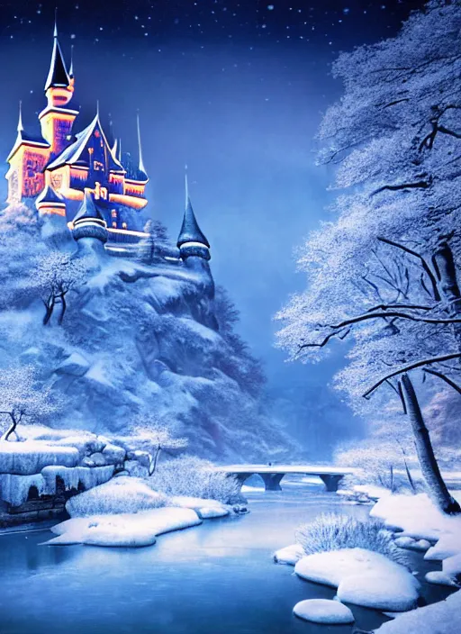 Magic Castle At Winter Day On Frozen River Bank Stock Illustration