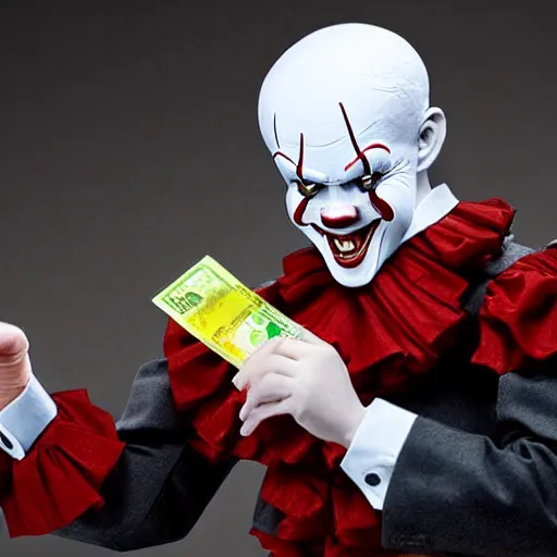 Image similar to Pennywise the clown wearing a business suit and holding a banknote in his hands, full body shot, highly-detailed