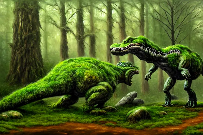 Prompt: highly detailed oil painting of a mossy tire sculpture of a tyrannosaurus in the forest, featured on pixiv