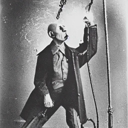 Image similar to vintage photograph of count orlok swinging a hammer over his head, working on the railroad