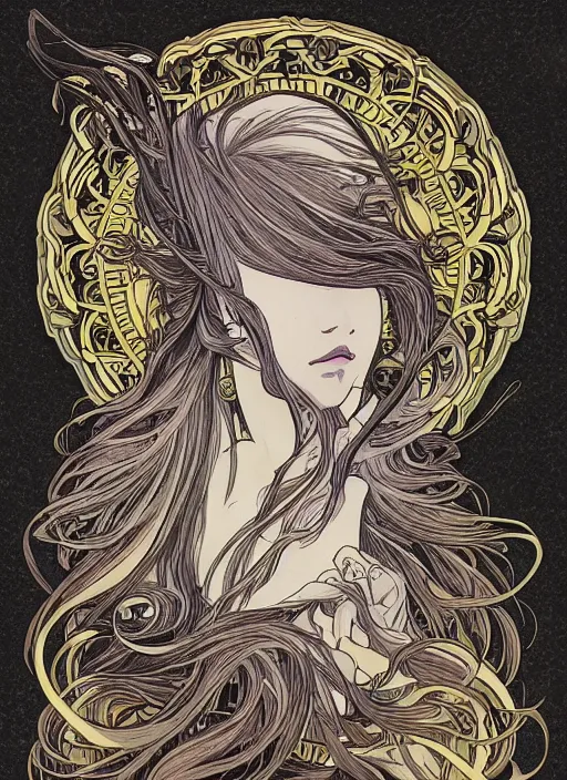 Image similar to photographer looking through camera, design on white background, gnarly details, gold, drawn by studio ghibli, alphonso mucha, lolish, trending on artstation